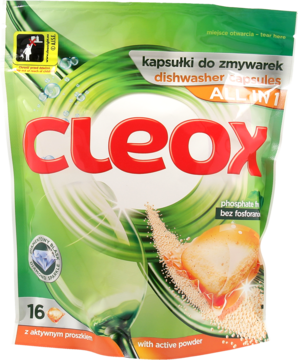 Zielona torba Cleox ALL IN 1 kapsułek do zmywarek, 16 sztuk, z widocznym aktywnym proszkiem, widok z przodu.