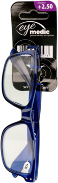 Niebieskie gotowe okulary eye medic do czytania o mocy +2.50, w blisterze, widok z przodu.