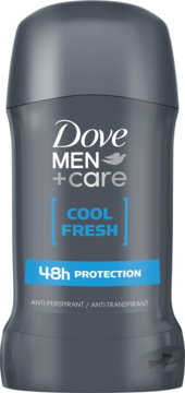 Męski antyperspirant Dove Men+Care Cool Fresh 48h, sztyft w szaro-niebieskim opakowaniu, widok z przodu.