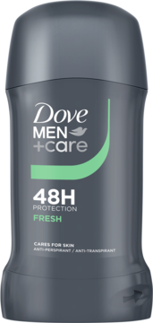 Ciemnoszary antyperspirant w sztyfcie Dove Men+Care 48H Fresh z zielonym łukiem, widok z przodu.