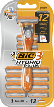 Pomarańczowy zestaw BIC 3 Hybrid Extra Life: rączka i 12 ostrzy z paskiem aloesowym, w blistrze, widok z przodu.