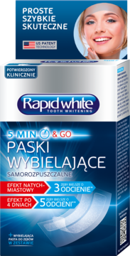 Opakowanie Rapid White Paski Wybielające, biało-niebieskie, z obietnicą efektu 5 min i 4 dni, widok z przodu.