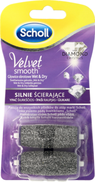 Scholl Velvet Smooth Wet & Dry, silnie ścierające głowice z diamentami, widok opakowania przodem.