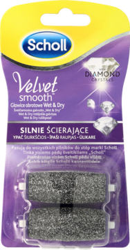 Scholl Velvet Smooth Wet & Dry, silnie ścierające głowice z diamentami, widok opakowania przodem.