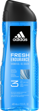 Adidas Fresh Endurance Shower Gel 3w1, niebieska butelka 400ml, widok z przodu, czarna zakrętka.