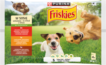 Mokra karma Purina Friskies Adult VitaFit, opakowanie z psami na trawie, smaki: wołowina, kurczak, jagnięcina.