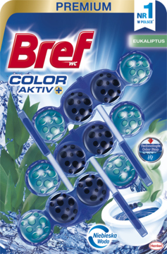 Bref Color Aktiv Eukaliptus zawieszka do WC, niebieskie kule i woda, widok opakowania, nr 1 w Polsce.
