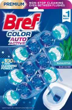 Opakowanie Bref Color Active Eucalyptus Blue Water, niebieska zawieszka do WC, widok z przodu.