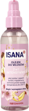 Isana 2w1 intensywny olejek do włosów, przezroczysta butelka z różową pompką. Chroni do 230°C, z olejkiem jojoba.