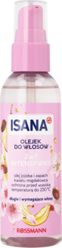 Isana olejek do włosów, ochrona do 230°C, zapach kwiatu migdałowca, przezroczysta butelka z różowym dozownikiem.