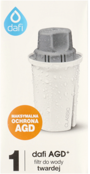 Filtr dafi AGD+ do twardej wody, biały z szarą górą, widok z przodu, z kroplami wody.