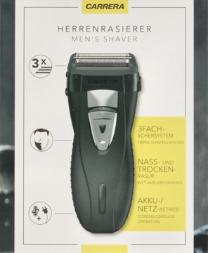 Męska golarka Carrera, czarna, w opakowaniu, potrójny system, mokra/sucha, akumulator/sieć.