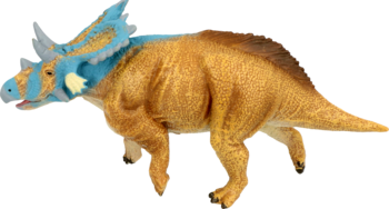 Figurka dinozaura, brązowa z błękitnym karkiem, rogami i głową. Widok z boku na realistycznego triceratopsa.