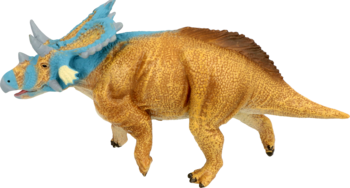 Figurka dinozaura, brązowa z błękitnym karkiem, rogami i głową. Widok z boku na realistycznego triceratopsa.