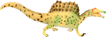 Figurka dinozaura Spinozaura z żaglem, beżowo-zielona z brązowymi plamkami i czerwonymi detalami, widok z boku.