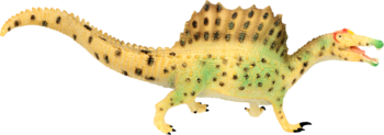 Figurka dinozaura Spinozaura z żaglem, beżowo-zielona z brązowymi plamkami i czerwonymi detalami, widok z boku.