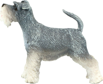 Figurka psa rasy Sznaucer, szaro-biała, z kudłatą sierścią, stojąca bokiem; widok z profilu.