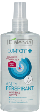 Bielenda Comfort+ Antyperspirant w mgiełce do stóp, przezroczysta butelka, niebieskie detale, widok z przodu.