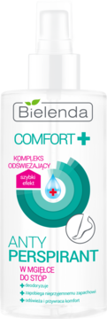 Bielenda Comfort+ Antyperspirant w mgiełce do stóp, biała butelka z atomizerem. Zielono-różowa etykieta z ikoną stopy i kropli, widok z przodu.