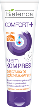 Bielenda Comfort+ Krem Kompres do stóp z 10% mocznikiem, biała tuba, fioletowo-pomarańczowe detale, widok z przodu.