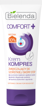 Bielenda Comfort+ krem-kompres do stóp z 10% mocznikiem. Biała tuba z fioletowym dołem, zmiękcza i nawilża.