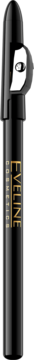 Czarny eyeliner w kredce Eveline Celebrities z wbudowaną temperówką, pionowy kadr, złote napisy.