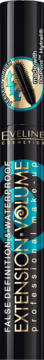 Czarny tusz Eveline Extension Volume Waterproof, z przodu, ze złotymi napisami, obietnicą x10 objętości.