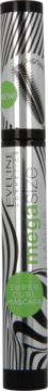 Eveline Mega Size Lashes Super Curl Mascara w srebrnej tubie w czarno-białe paski zebry, z zielonymi napisami.