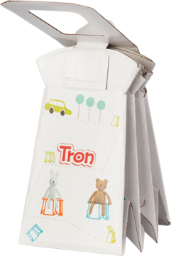 Biały składany nocnik jednorazowy Tron dla dzieci, z kolorowymi rysunkami królika i misia, widok pod kątem.