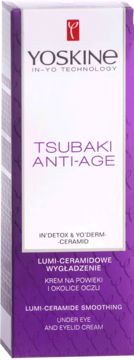 Yoskine Tsubaki Anti-Age Under Eye and Eyelid Cream, biało-fioletowe pudełko, widok z przodu.