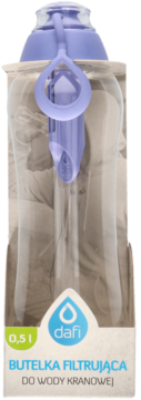 Dafi butelka filtrująca 0,5 l, przezroczysta, z fioletowym filtrem, widok z przodu w opakowaniu.