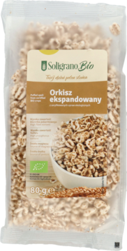 Soligrano BIO orkisz ekspandowany 80g w przezroczystej torebce z brązową etykietą, widok z przodu.