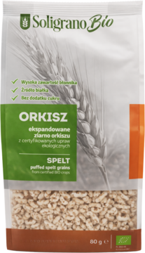 Soligrano BIO orkisz ekspandowany, dmuchane ziarno orkiszu, w przezroczystej torebce z brązowym dołem, widok z przodu.