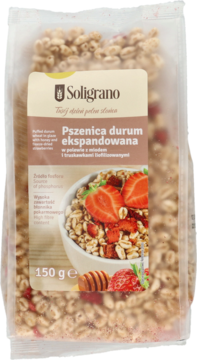 Pszenica durum ekspandowana Soligrano z miodem i truskawkami w przezroczystej torbie 150g, widok przód.