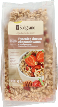 Pszenica durum ekspandowana Soligrano z miodem i truskawkami w przezroczystej torbie 150g, widok przód.