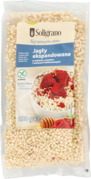 Opakowanie Soligrano Jagły ekspandowane z miodem i malinami, bezglutenowe, widok z przodu, przezroczysta torebka.