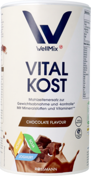 Beżowa puszka WellMix Vital Kost Chocolate Flavour, zamiennik posiłku, z rysunkiem czekolady, widok z przodu.