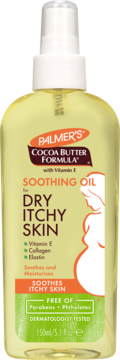 Palmer's Soothing Oil for Dry Itchy Skin in a clear spray bottle with yellow oil, pregnant woman icon, front view.