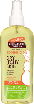 Palmer's Soothing Oil for Dry Itchy Skin in a clear spray bottle with yellow oil, pregnant woman icon, front view.