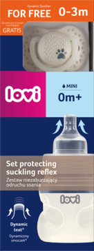 Pionowe opakowanie Lovi z butelką dla niemowląt 0m+ i darmowym dynamicznym smoczkiem uspokajającym 0-3m.
