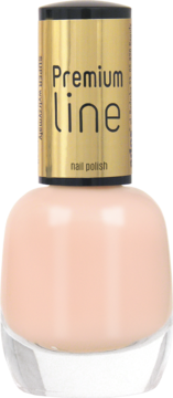 Trwały lakier do paznokci Ados Premium Line w kolorze nude, przezroczysta butelka, złota zakrętka, widok z przodu.