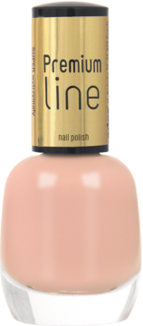 Ados Premium Line nail polish, jasny brzoskwiniowy odcień, w butelce ze złotą nakrętką. Widok z przodu.