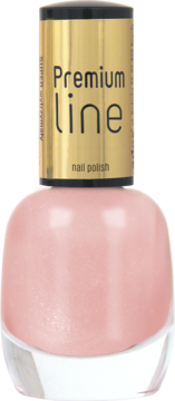 Lakier do paznokci Ados Premium Line w pastelowym różu, z perłowym połyskiem, butelka z złotą nakrętką, widok z przodu.