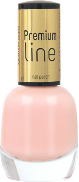 Trwały lakier Ados Premium Line w jasnoróżowym kolorze, butelka ze złotą nakrętką "nail polish", ujęcie z przodu.