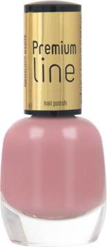 Bladoróżowy, błyszczący lakier do paznokci Ados Premium Line w szklanej butelce z złotą nakrętką, widok z przodu.