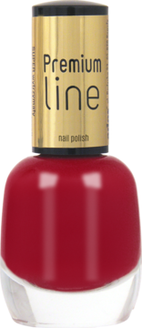 Czerwony lakier do paznokci Ados Premium Line w butelce z jasną, fasetowaną podstawą i złotą zakrętką, widok z przodu.
