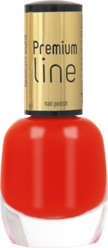 Trwały czerwony lakier do paznokci Ados Premium Line, butelka z złotą nakrętką, widok z przodu, wysoki połysk.