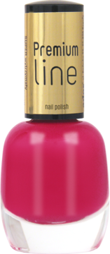Trwały różowy lakier do paznokci Ados Premium Line, szklana butelka, złota nakrętka, widok z przodu.