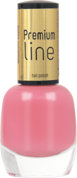 Różowy lakier do paznokci Ados Premium Line w szklanej butelce ze złotą nakrętką, widok z przodu.