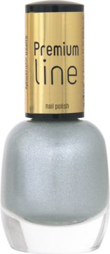 Srebrny metaliczny lakier do paznokci Ados Premium Line, butelka z złotą nakrętką Premium line, widok z przodu.